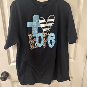 Women’s Black 'Faith, Love, Hope” Graphic Tee with Blue Accents Size XL